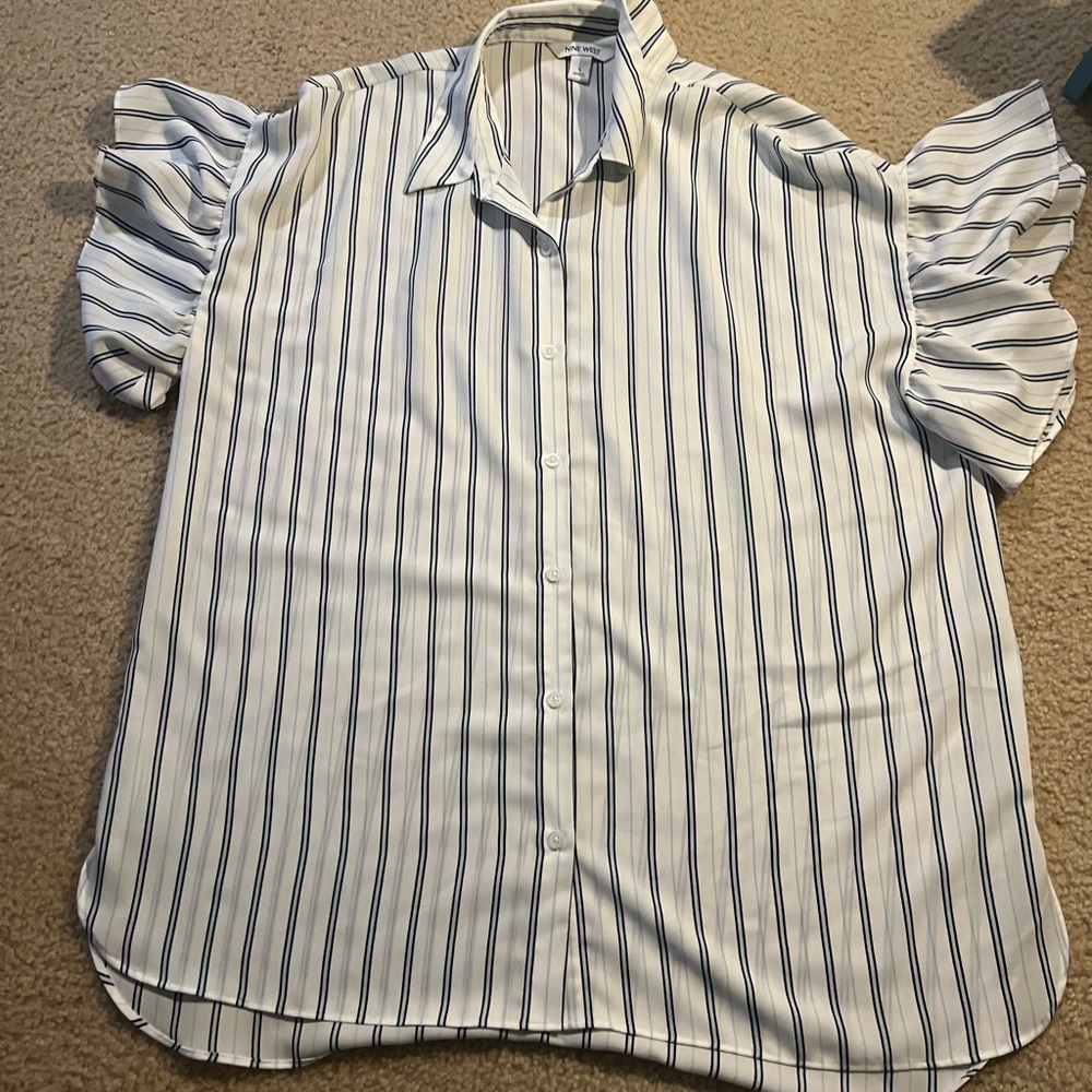 Nine West White Blouse with Navy Pinstripes and Ruffle Sleeves